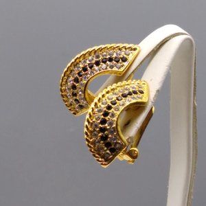 Vintage Roman Crystal Hoop Earrings, Black and White Pave over Gold Tone Clip On